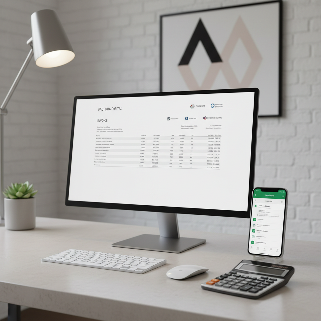 Mesa de trabajo con factura digital en pantalla, teléfono móvil y calculadora, ambiente profesional minimalista, estilo fotográfico corporativo con luz neutra