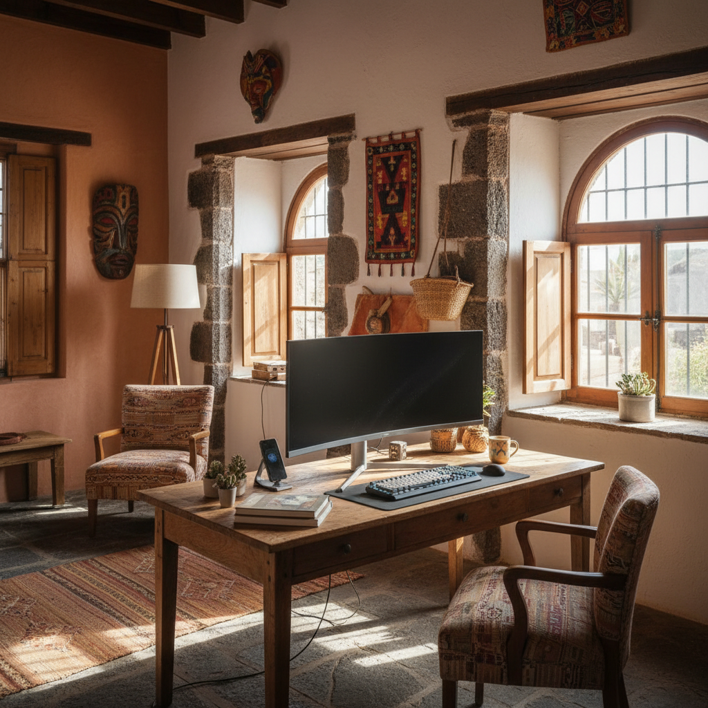 Estudio doméstico en vivienda tradicional canaria con elementos tecnológicos integrados, colores cálidos, vista parcial de muros de piedra y decoración local, iluminación natural, estilo fotográfico editorial sin personas visibles
