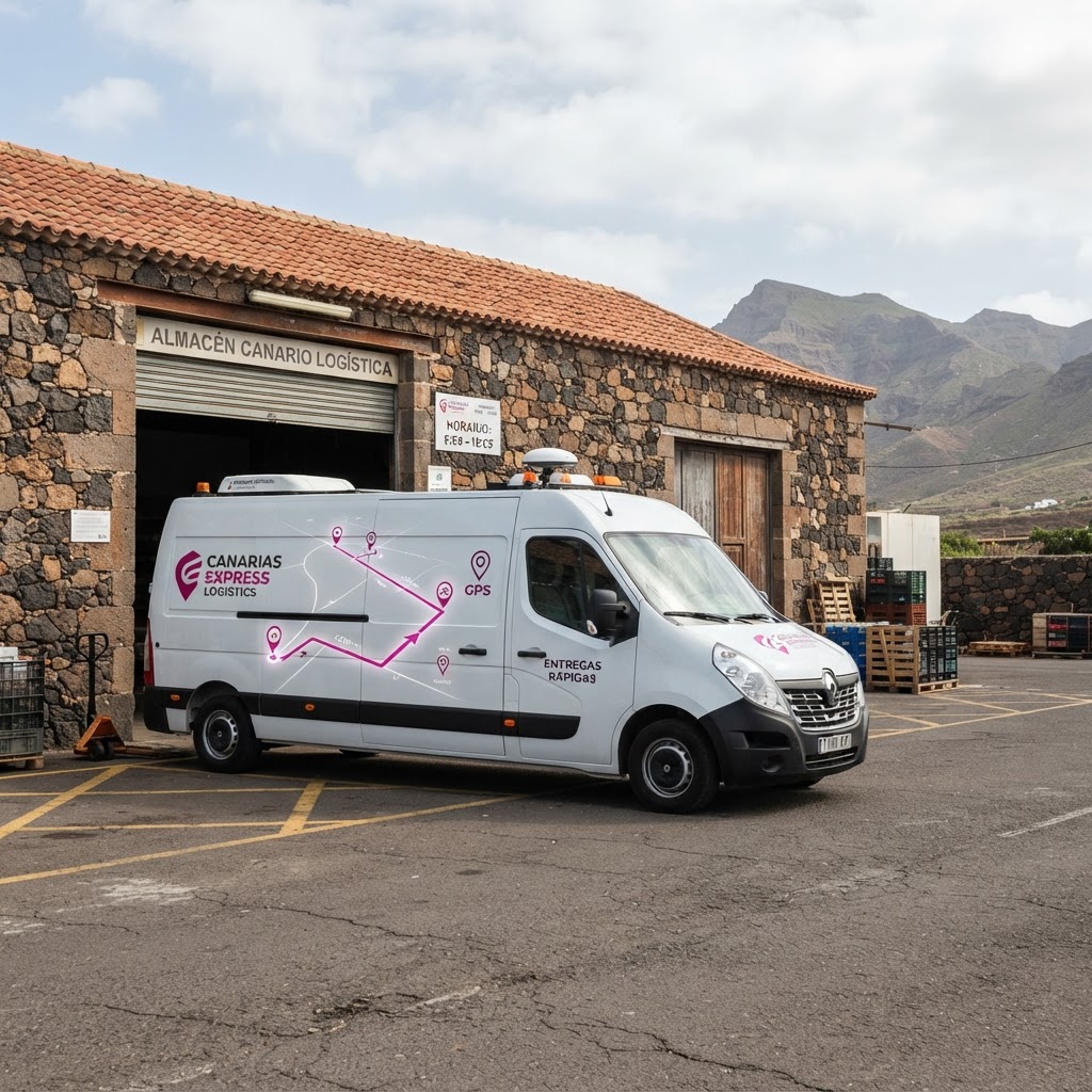 Vehículo de reparto con antena GPS estacionado frente a un almacén canario, mapa de ruta proyectado en el lateral, estilo fotográfico corporativo, tonos neutros y detalles magenta, sin personas visibles