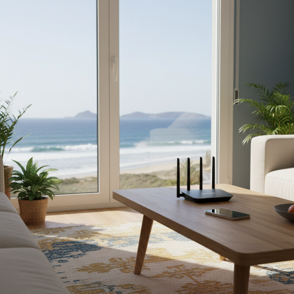 Interior de hogar canario moderno con router de fibra sobre una mesa junto a un móvil y una ventana que muestra vistas al mar, iluminación natural suave, estilo fotográfico corporativo y contemporáneo, tonos cálidos y azules