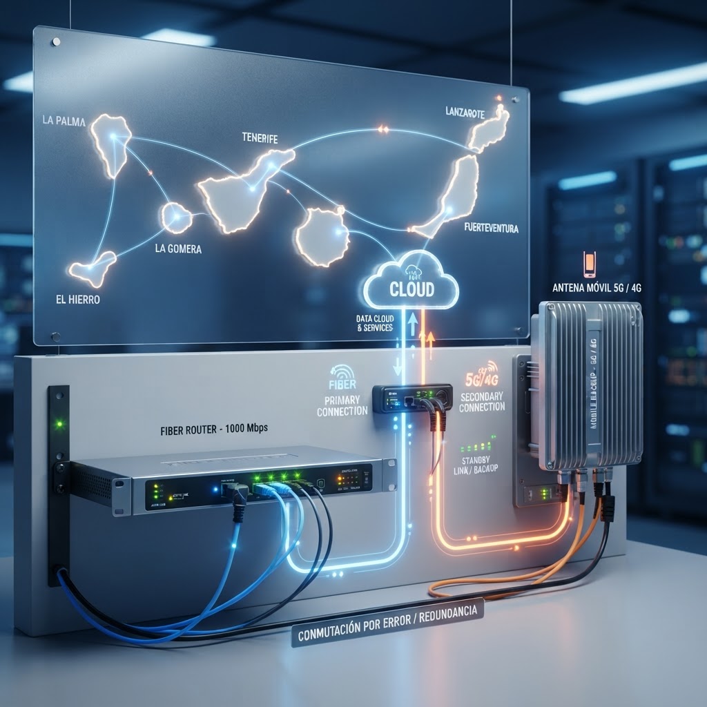 Conjunto de dispositivos conectados (router de fibra, antena móvil, iconos de señal y nube) mostrando redundancia entre fibra y móvil, fondo con silueta de islas Canarias estilizada, estilo fotográfico corporativo sin personas