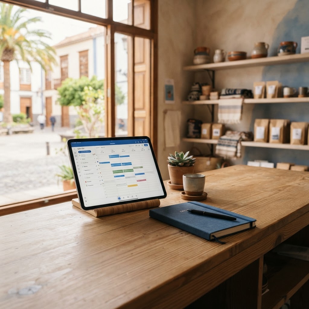 Fotografía corporativa realista de una pequeña empresa canaria preparada para gestionar horarios digitalmente, mostrador de negocio local vacío con tableta que muestra un panel de calendario y turnos con elementos gráficos genéricos sin palabras legibles, libreta cerrada y espacio de trabajo ordenado, luz natural cálida, detalles discretos que evocan Canarias sin estereotipos, tonos azules y neutros, encuadre profesional, sin personas ni caras