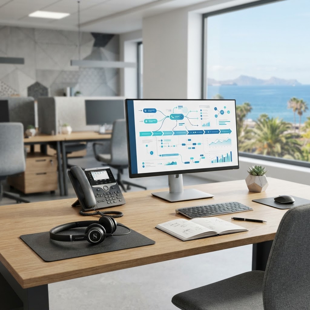 Imagen fotográfica corporativa moderna de un espacio de trabajo de atención empresarial preparado para gestionar llamadas, auriculares y teléfono sobre una mesa, monitor con diagramas abstractos de rutas de llamadas y horarios sin palabras legibles, iluminación natural, detalles discretos inspirados en Canarias, tonos azul marino, turquesa y blanco, ambiente ordenado, sin personas, sin caras, sin logotipos