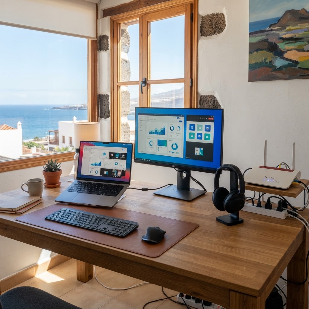 Imagen horizontal de una oficina doméstica canaria preparada para teletrabajo, escritorio con portátil, monitor externo, auriculares y router conectados, aplicaciones de videollamada y documentos representadas de forma abstracta en las pantallas sin texto legible, ambiente luminoso y ordenado, detalles sutiles de arquitectura isleña y luz atlántica, estética tecnológica corporativa en azul y blanco, fotografía realista, sin personas ni rostros y sin logotipos