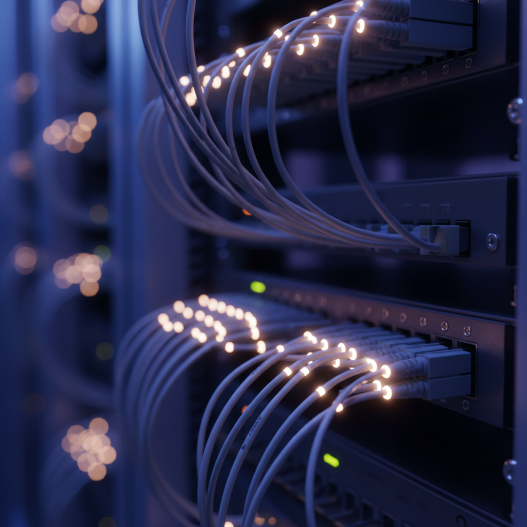 Primer plano detallado de cables de fibra óptica con terminaciones brillantes en un entorno de centro de datos moderno, iluminación ambiental en tonos azules y púrpuras, estilo fotográfico corporativo de alta calidad, profundidad de campo reducida para resaltar la tecnología de transmisión de datos
