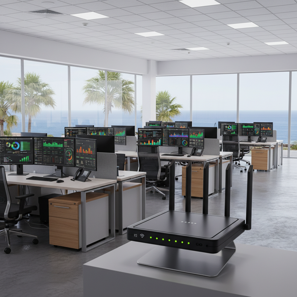 Oficina empresarial en Canarias con escritorios ordenados, pantallas mostrando dashboards y un router empresarial en primer plano, ambiente luminoso y profesional, estilo fotográfico corporativo sin personas visibles