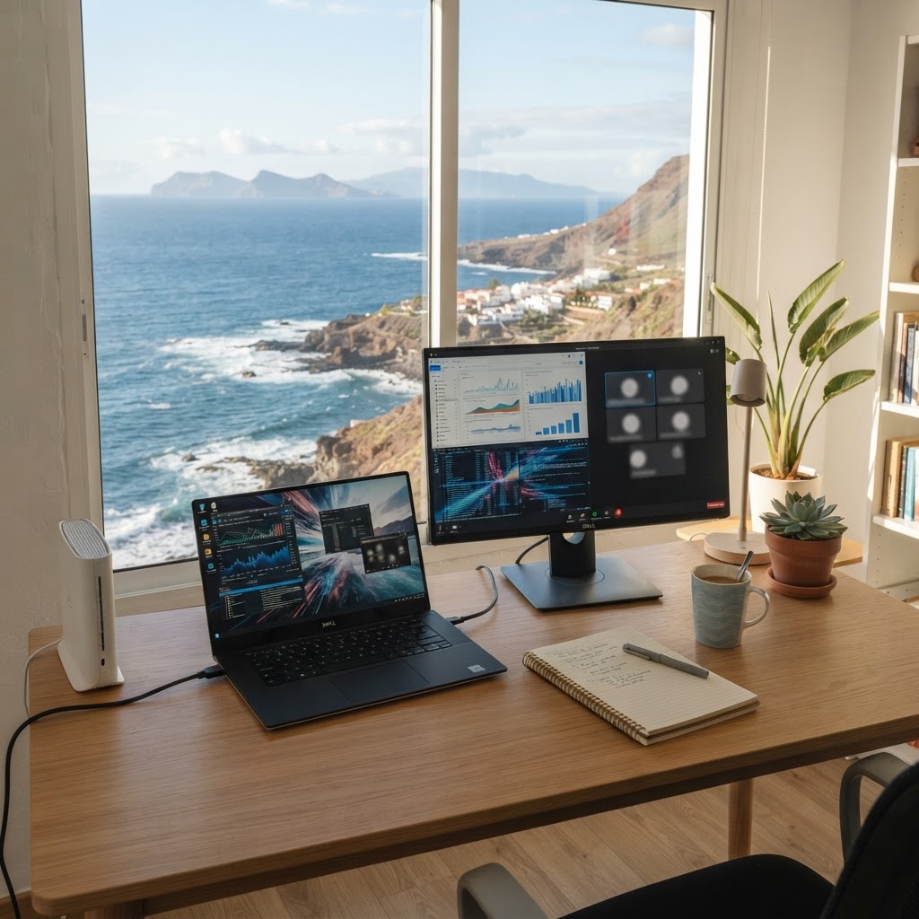 Fotografía corporativa realista de un escritorio de teletrabajo junto a una ventana amplia con paisaje atlántico canario, portátil conectado por cable a un router moderno, monitor con paneles abstractos que sugieren archivos sincronizados y videollamada estable, libreta y taza de café ordenadas, luz natural cálida, ambiente sereno y productivo, paleta azul océano, blanco y madera clara, encuadre horizontal, sin personas, sin caras, sin texto legible ni logotipos