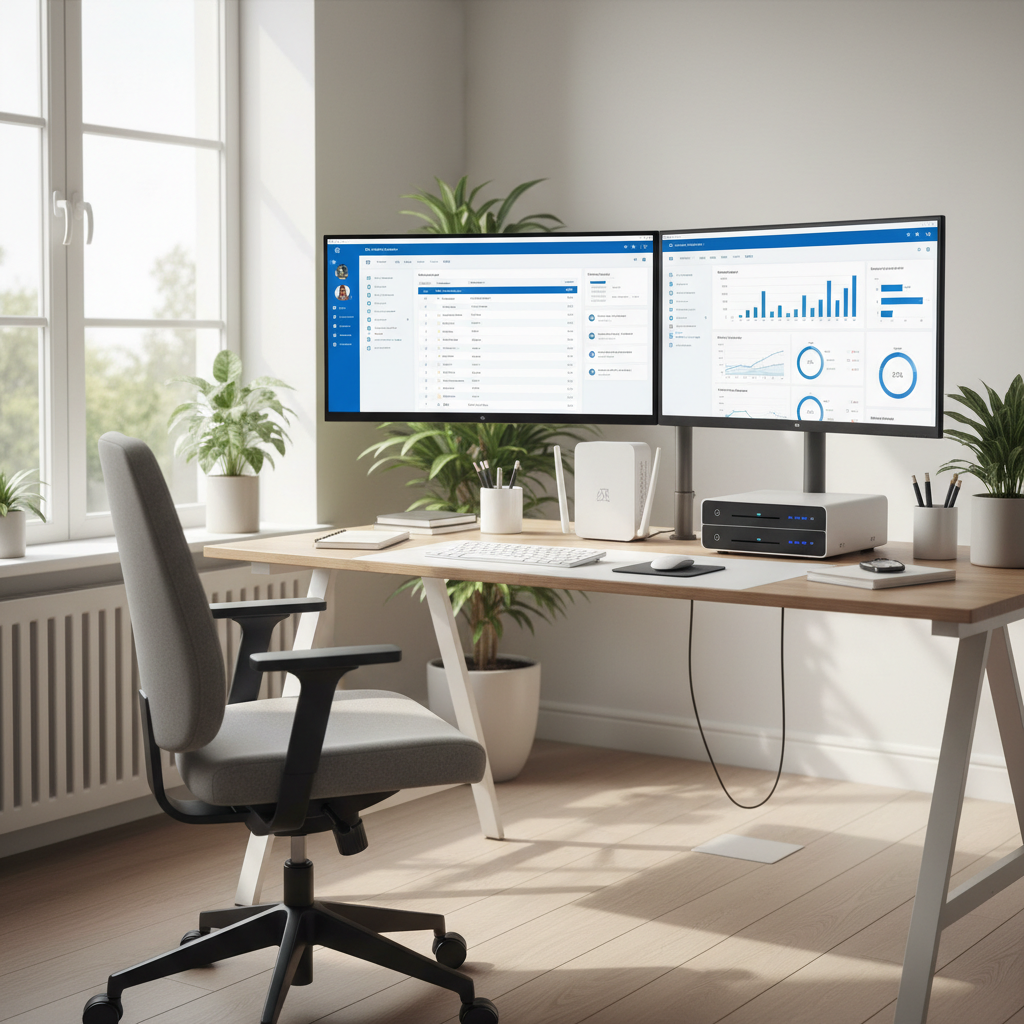 Espacio de trabajo colaborativo en casa con monitores mostrando aplicaciones de productividad y gráficos de rendimiento, iluminación natural, elementos tecnológicos (router, NAS) y estética limpia y profesional, estilo fotográfico corporativo