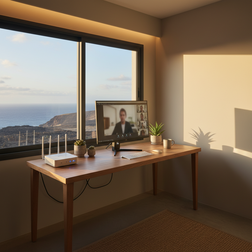 Oficina doméstica moderna en una vivienda canaria, escritorio minimalista junto a una ventana con vista parcial a paisaje volcánico y mar, equipo técnico visible (router de fibra, pantalla con videoconferencia, teclado), iluminación cálida y estilo fotográfico corporativo contemporáneo sin personas visibles