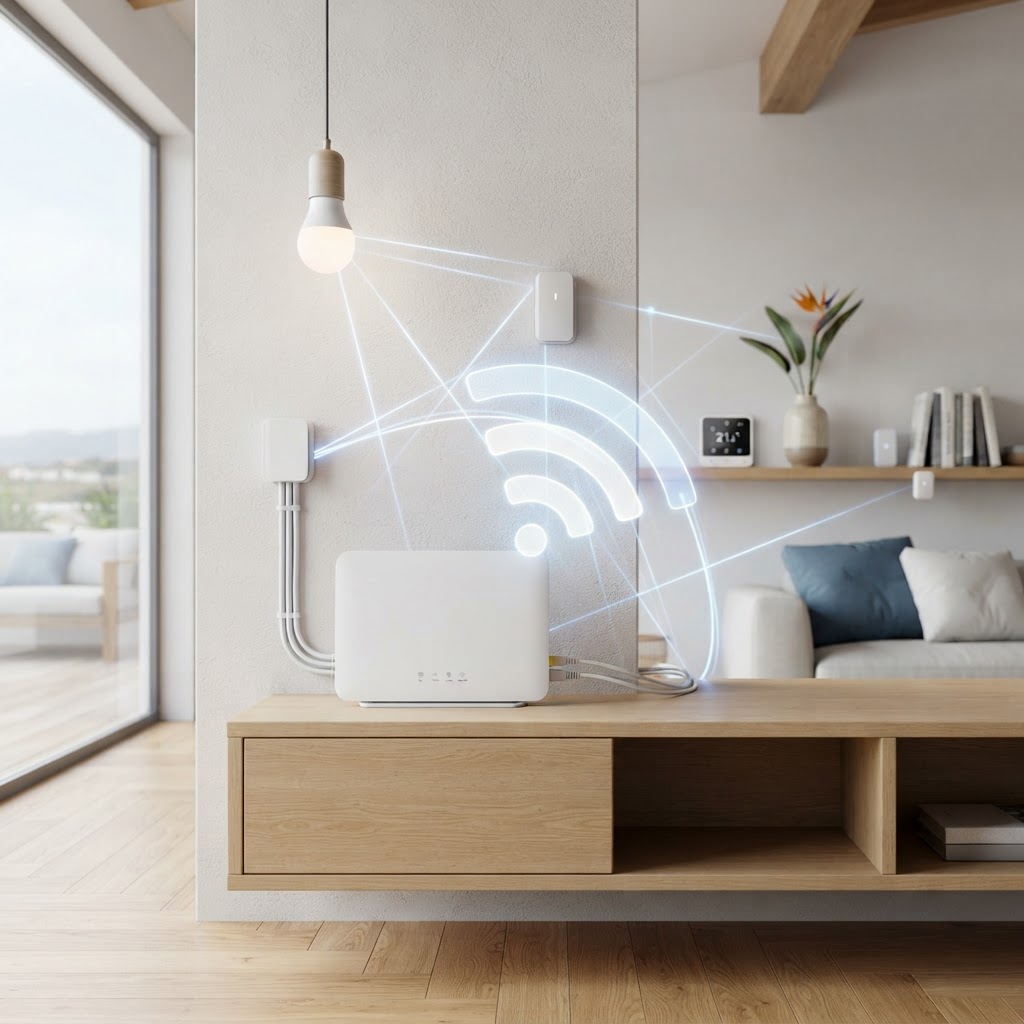 Imagen fotográfica corporativa moderna de un router de fibra óptica instalado de forma ordenada en una vivienda canaria, señal visual abstracta de conexión inalámbrica enlazando sensores domésticos, bombillas inteligentes y termostato, espacio limpio con luz natural, estética realista en tonos azules y blancos, sin personas ni caras, sin marcas, textos ni logotipos
