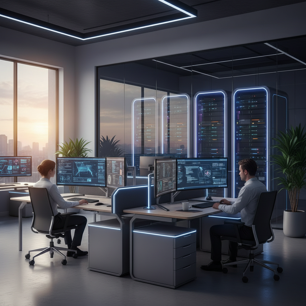 Ambiente de oficina tecnológica de vanguardia con múltiples monitores de alta resolución, racks de servidores visibles a través de un cristal ahumado, luces LED integradas en el mobiliario de oficina ergonómico, diseño limpio con tonos metálicos y grises, estilo corporativo profesional