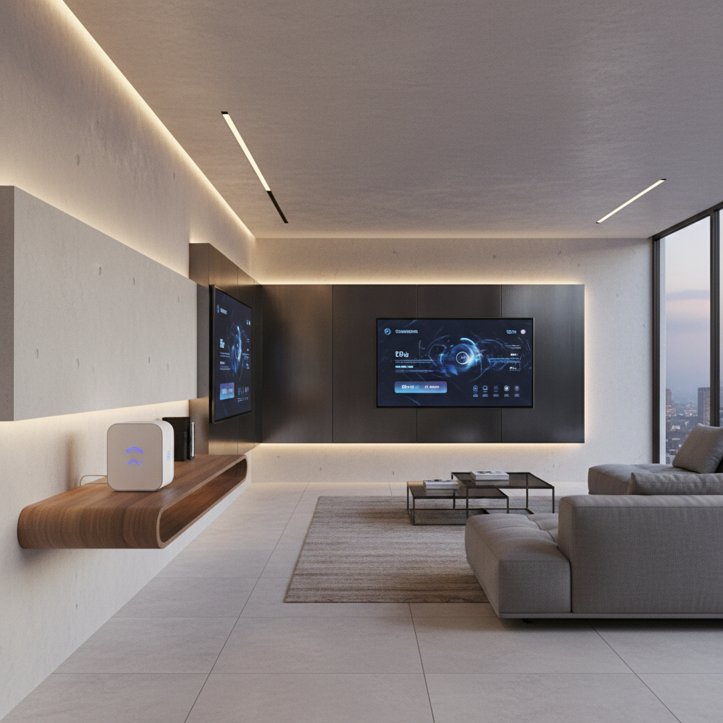 Espacio de salón minimalista y moderno en una vivienda contemporánea, mostrando un router elegante sobre una estantería de diseño, iluminación cálida integrada en las paredes, pantallas de televisión ultra finas mostrando una interfaz de usuario fluida, ambiente tecnológico y sofisticado