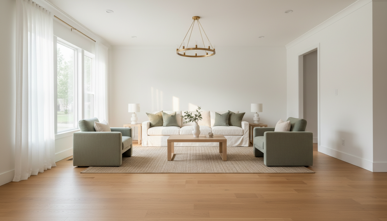 Market-ready living room with new flooring and fresh paint