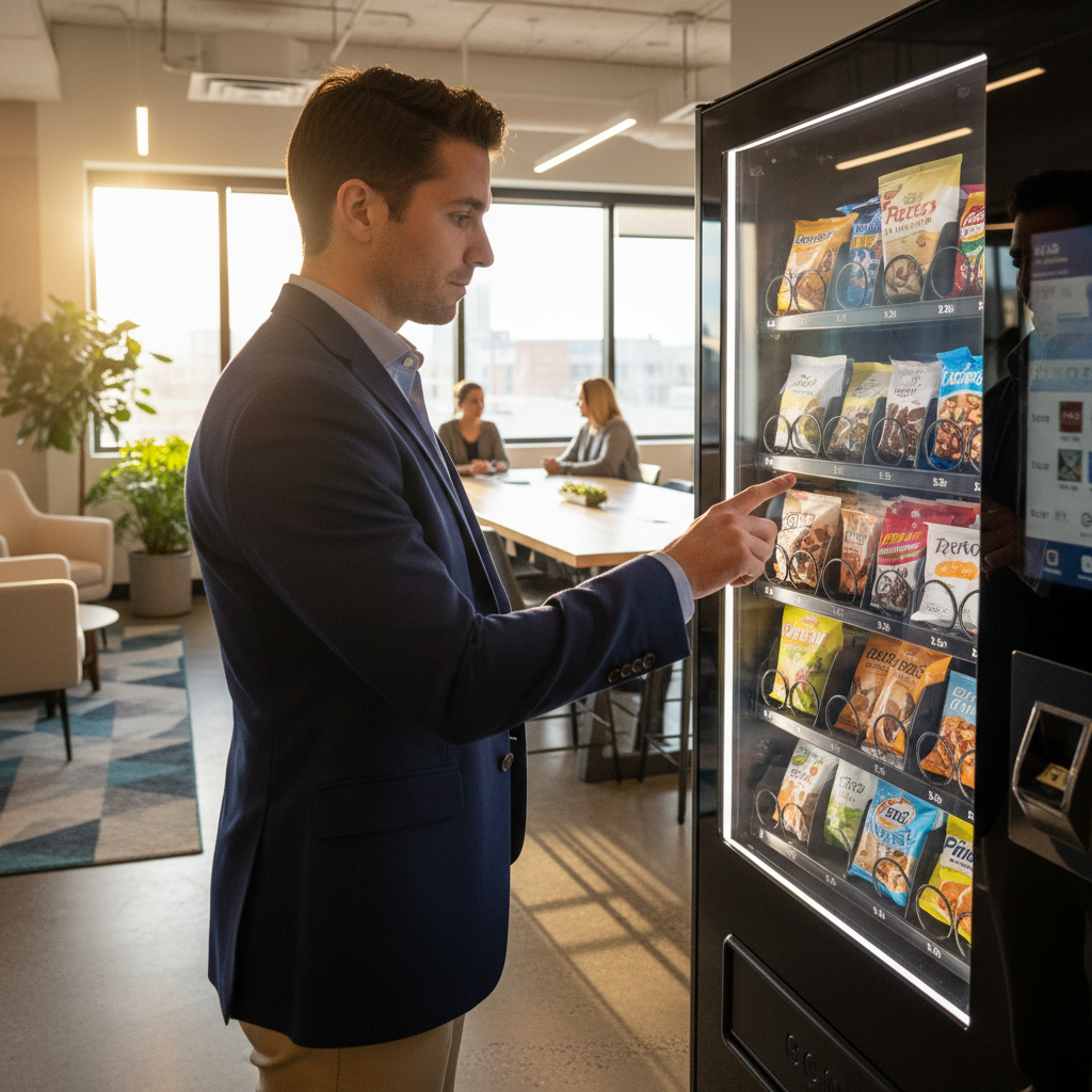 Employee using CC's Vending Service machine in office breakroom