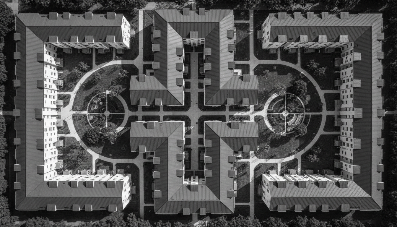 Aerial view of affordable housing community