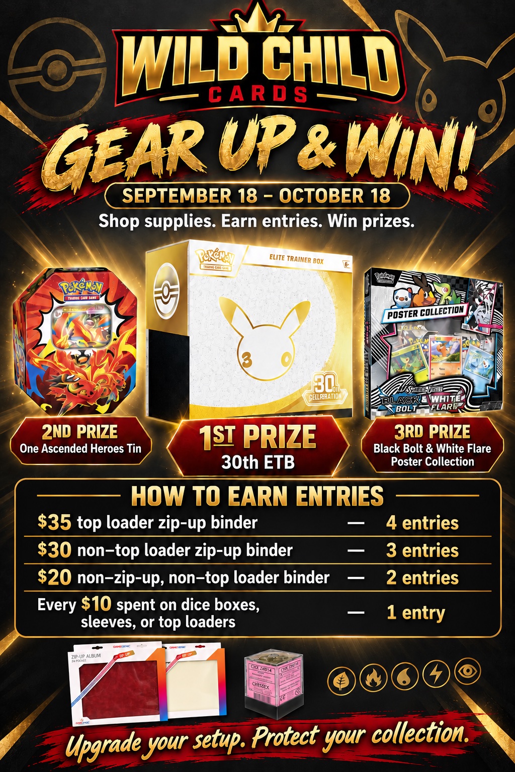 Gear Up and Win promotion. Shop supplies from September 18 through October 18 to earn entries and win Pokémon prizes.
