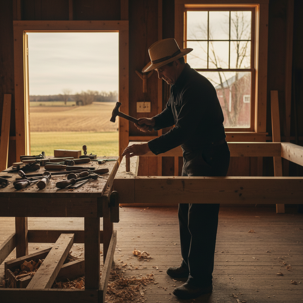 Amish craftsman building a shed