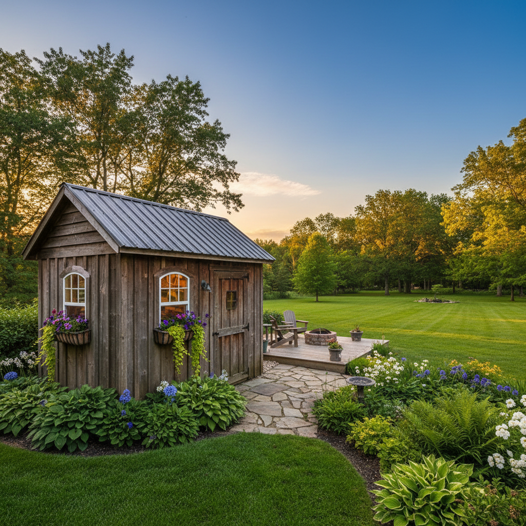 Amish-built shed in a Michigan backyard at golden hour