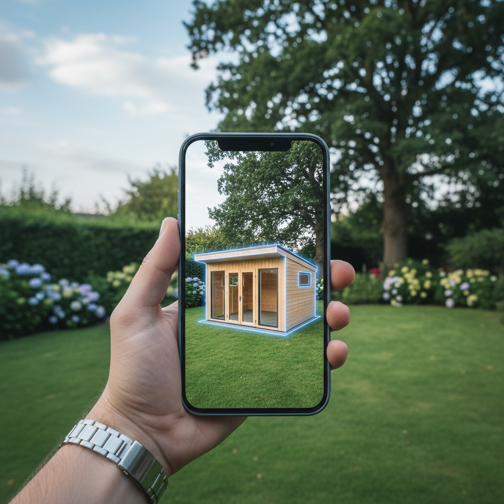 Smartphone showing AR shed visualization in a backyard