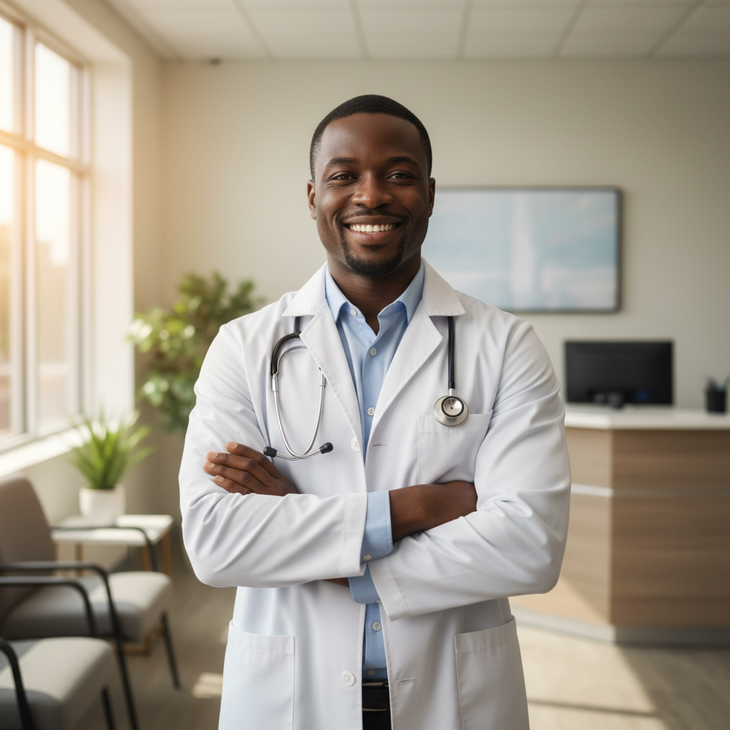 A Black male doctor in a white coat with a stethoscope, smiling warmly and ready to help.