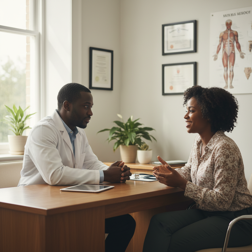 A Black male doctor sitting at a desk, talking warmly with a Black female patient.