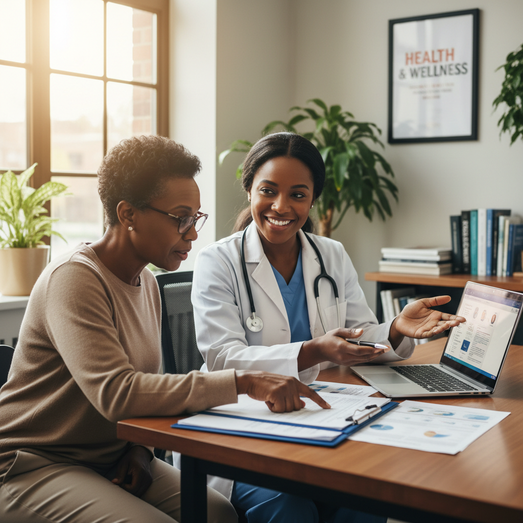 A Black female healthcare worker at a desk with a laptop, reviewing documents to help with benefits.