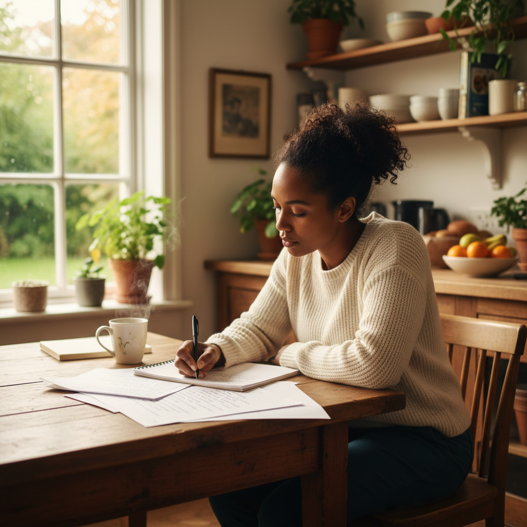 A Black woman patient sitting at a kitchen table, writing notes to prepare for her doctor appointment.