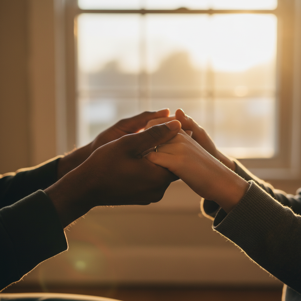 Hands gently holding each other in a gesture of comfort, care, and support.