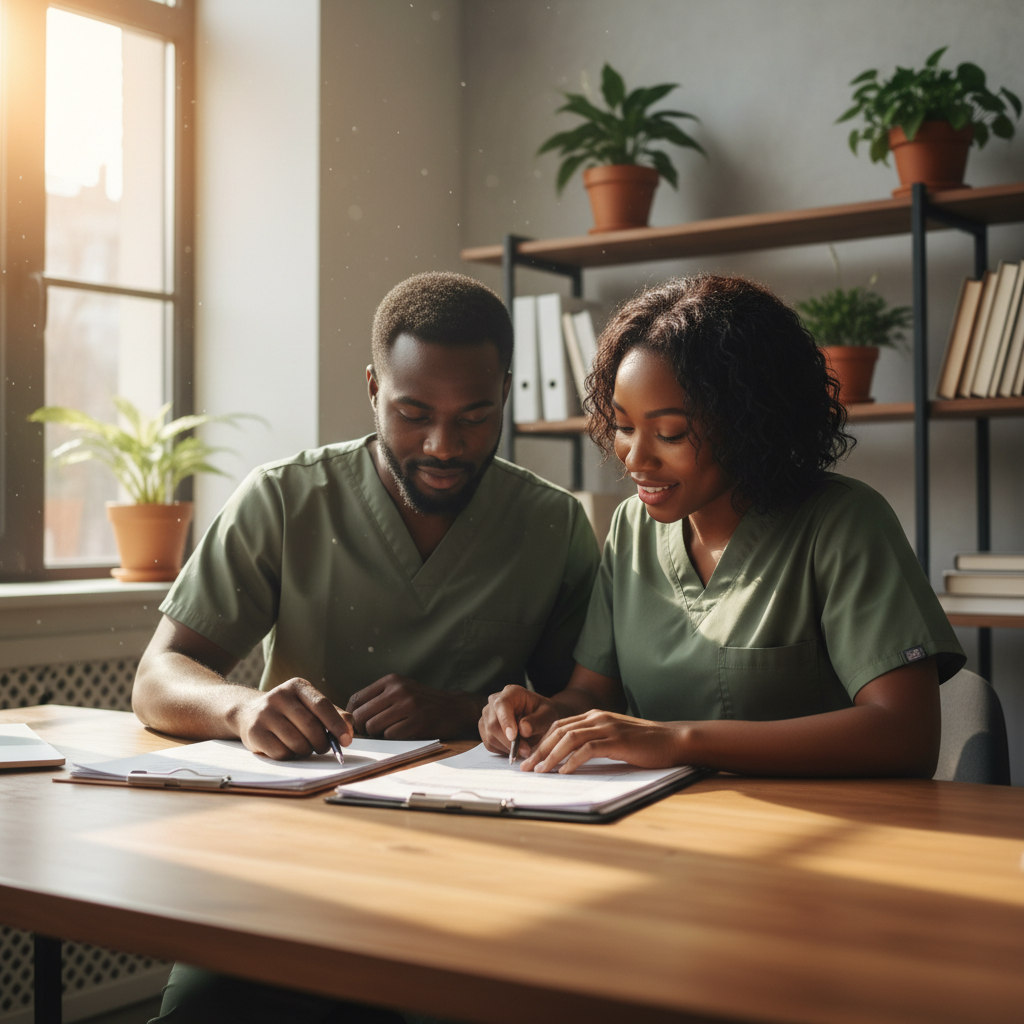Two Black healthcare professionals in scrubs, reviewing paperwork together at a clinic desk.