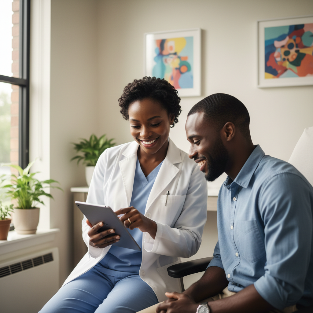 A Black female doctor showing information on a tablet to a Black patient during a consultation.