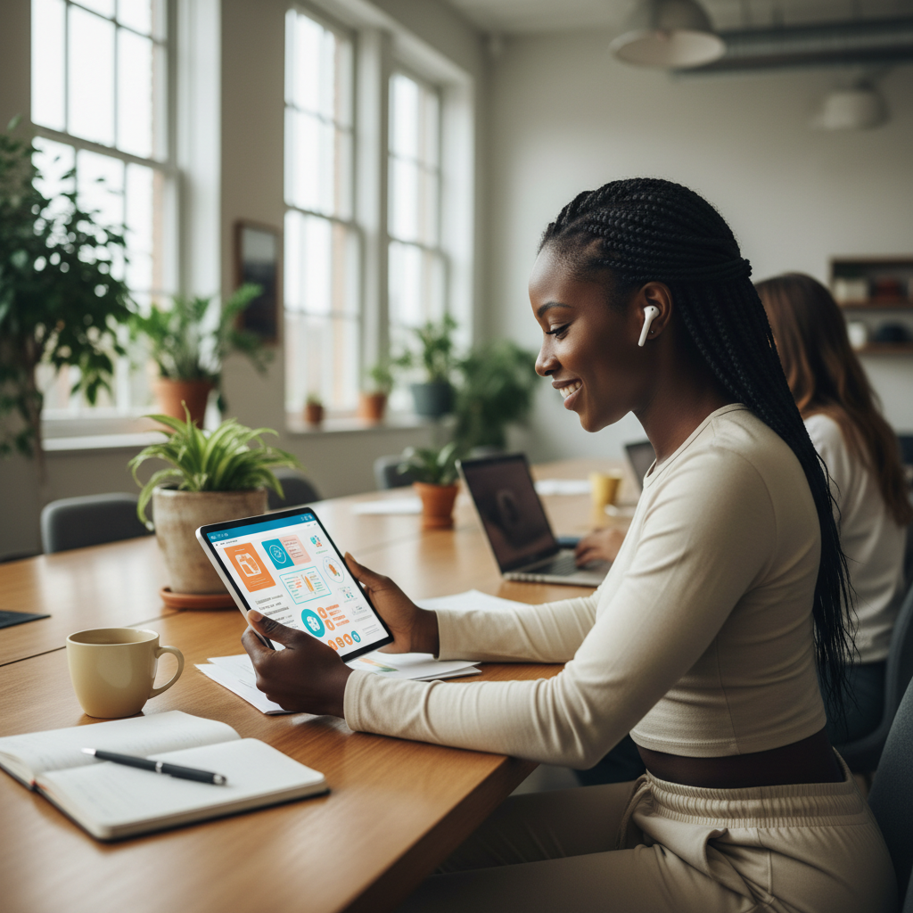 A Black woman wearing earbuds, looking at a phone and learning about healthcare terms.