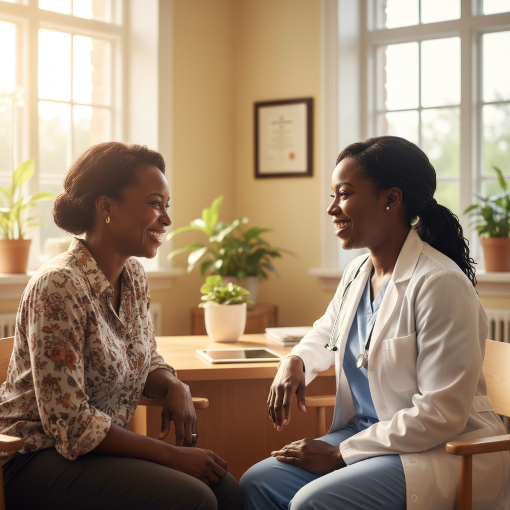 A Black female doctor in a white coat talking warmly with a Black patient in a bright medical office.