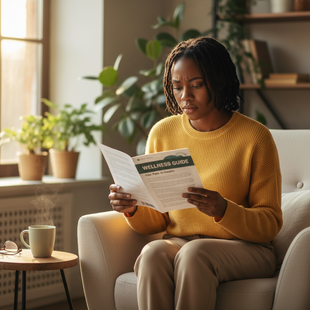 A Black person sitting and reading a healthcare document, feeling informed and empowered about their rights.