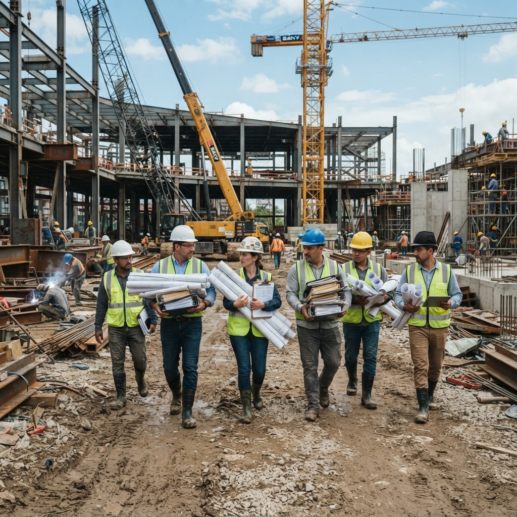 Teams carry stacks of drawings, specs, and contracts across the site every day