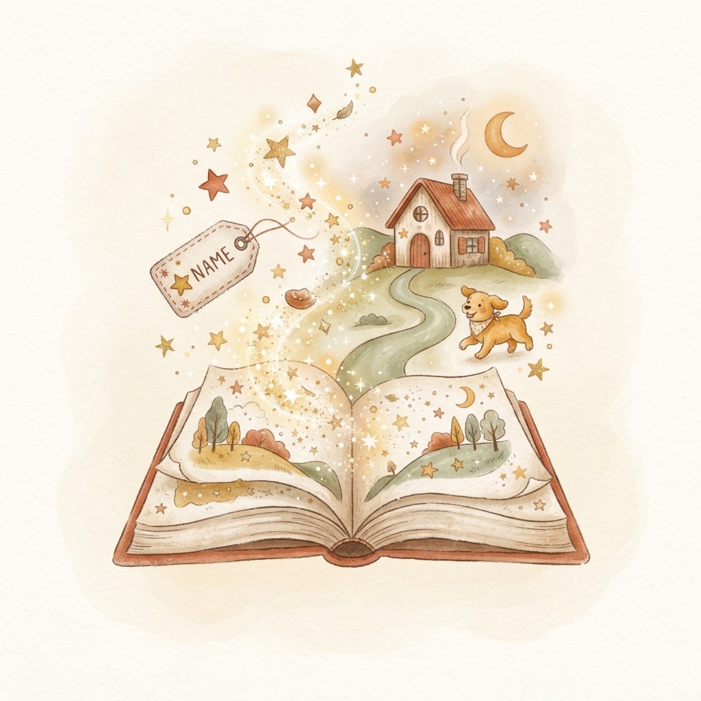 A magical storybook with a child's name, a pet, and a special place woven into the pages
