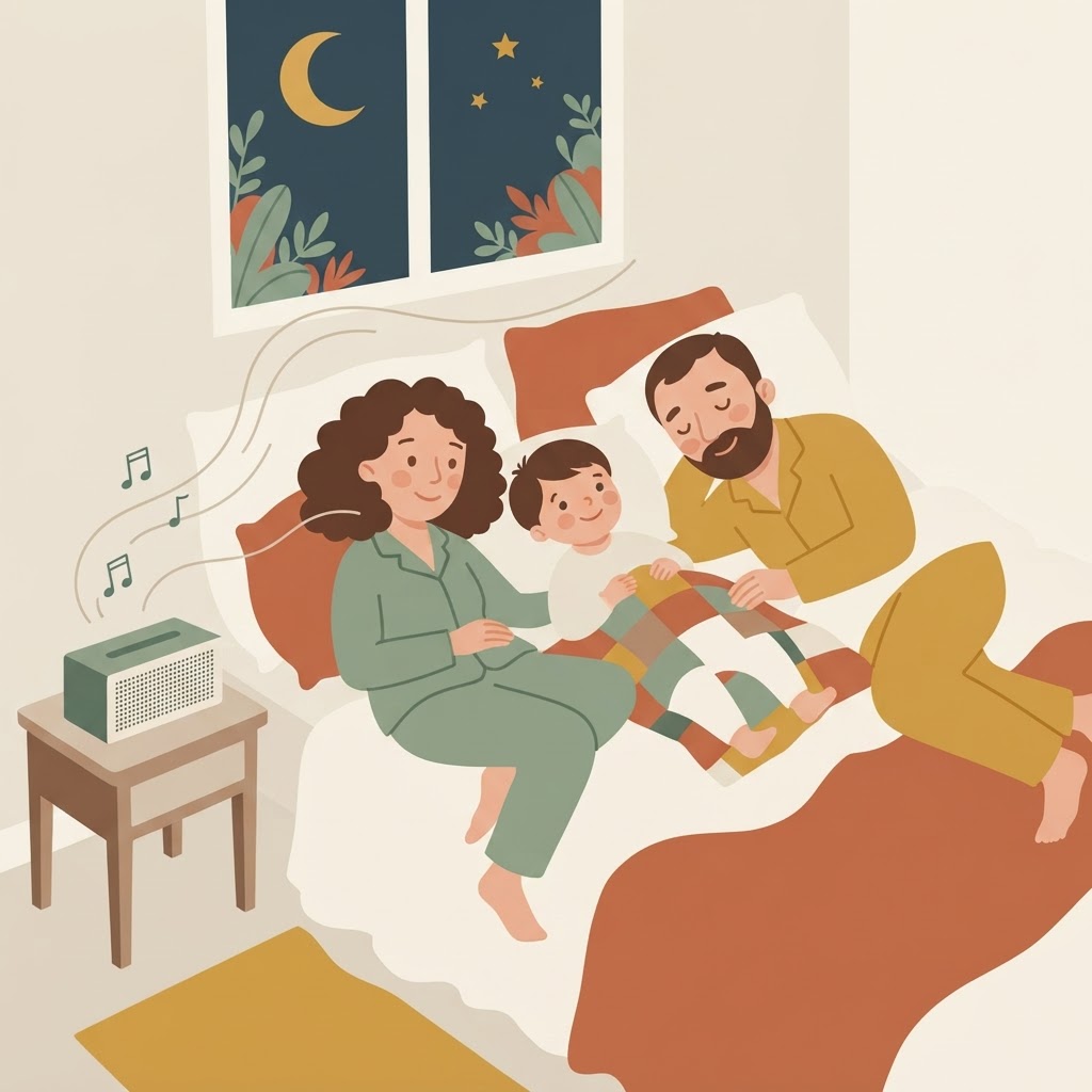 A child lying in bed between mum and dad, with a speaker playing a family member's voice beside them