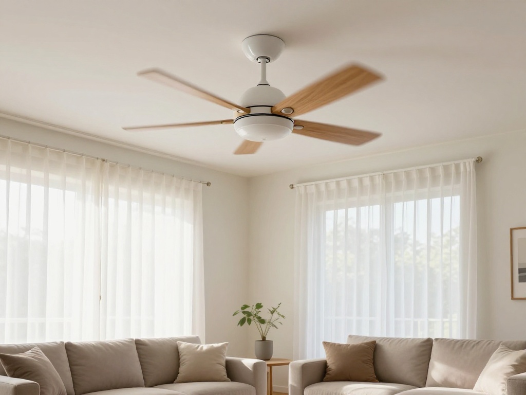 Modern living room with a white ceiling fan with wooden blades spinning above beige sofas and sheer-curtained windows — ceiling fans and HVAC guide