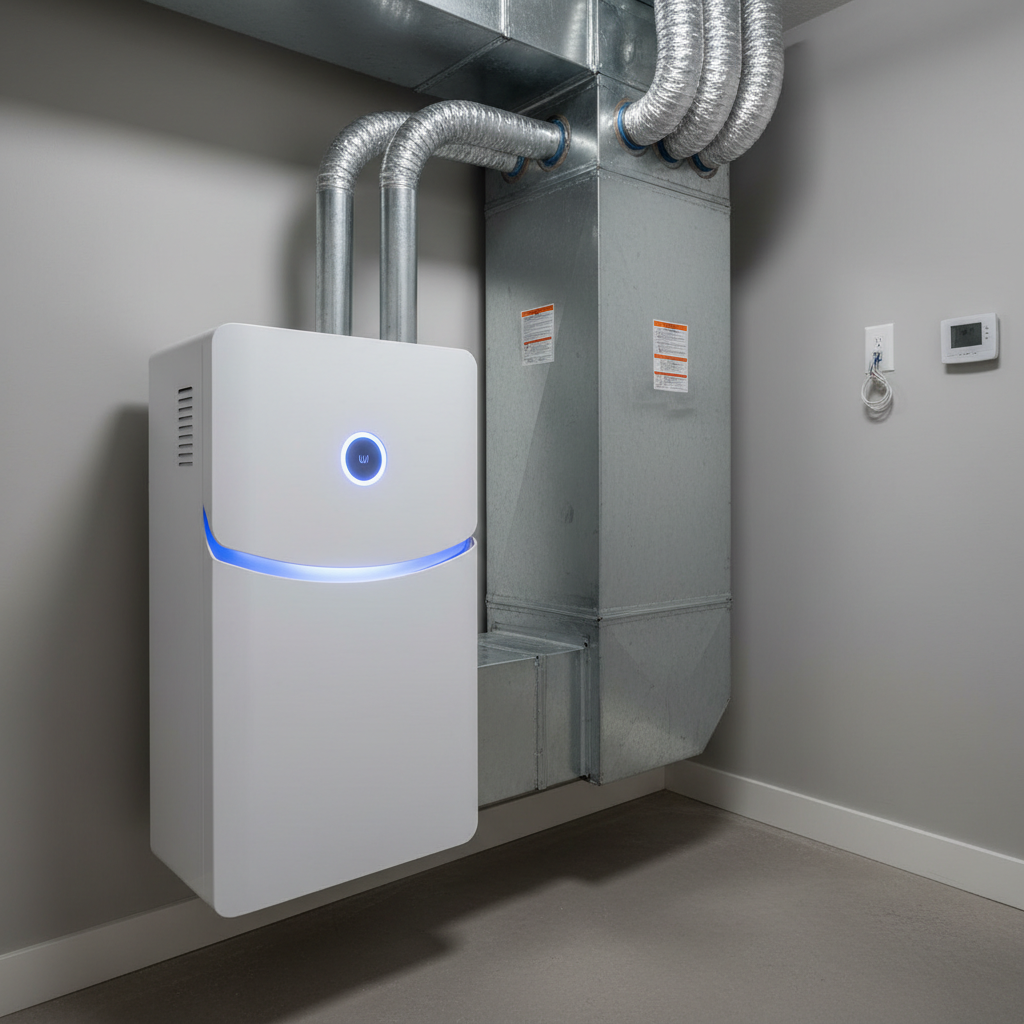 Modern whole-home air purifier unit installed in residential HVAC closet for indoor air quality