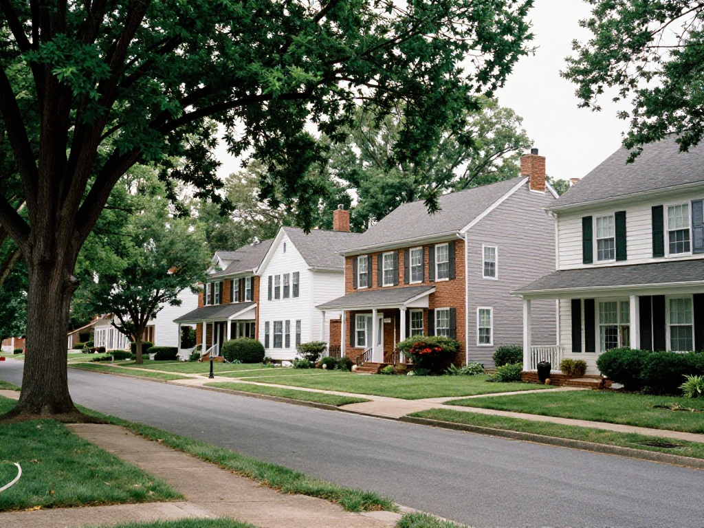 Tree-lined residential street with colonial-style single-family homes in Herndon, VA