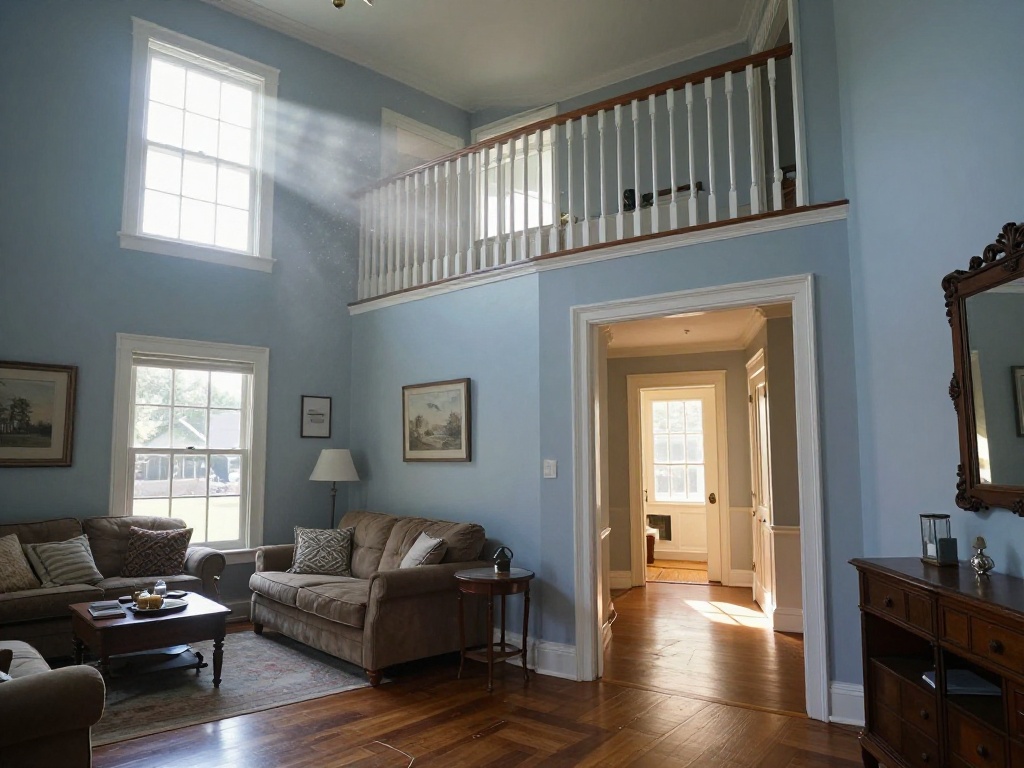 High-ceilinged traditional living room with natural light — typical Northern Virginia home that may need AC replacement evaluation