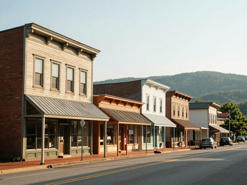 Historic small-town main street with brick storefronts in Purcellville, Virginia at golden hour