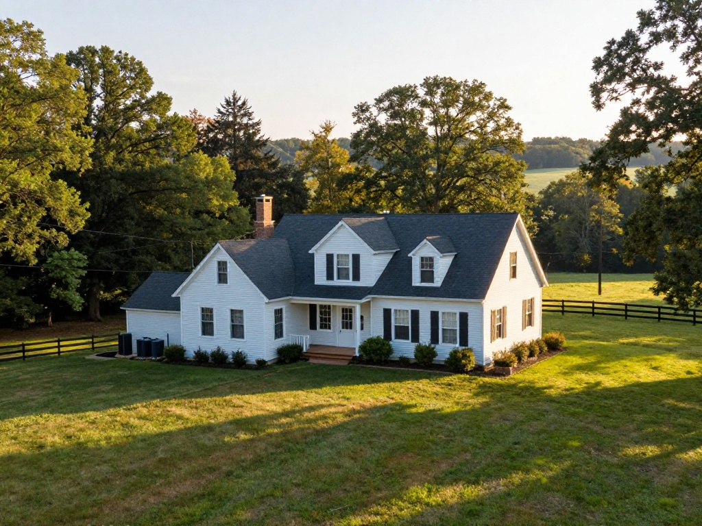 White two-story colonial home with a brick chimney on a rural Clifton, VA lot at golden hour
