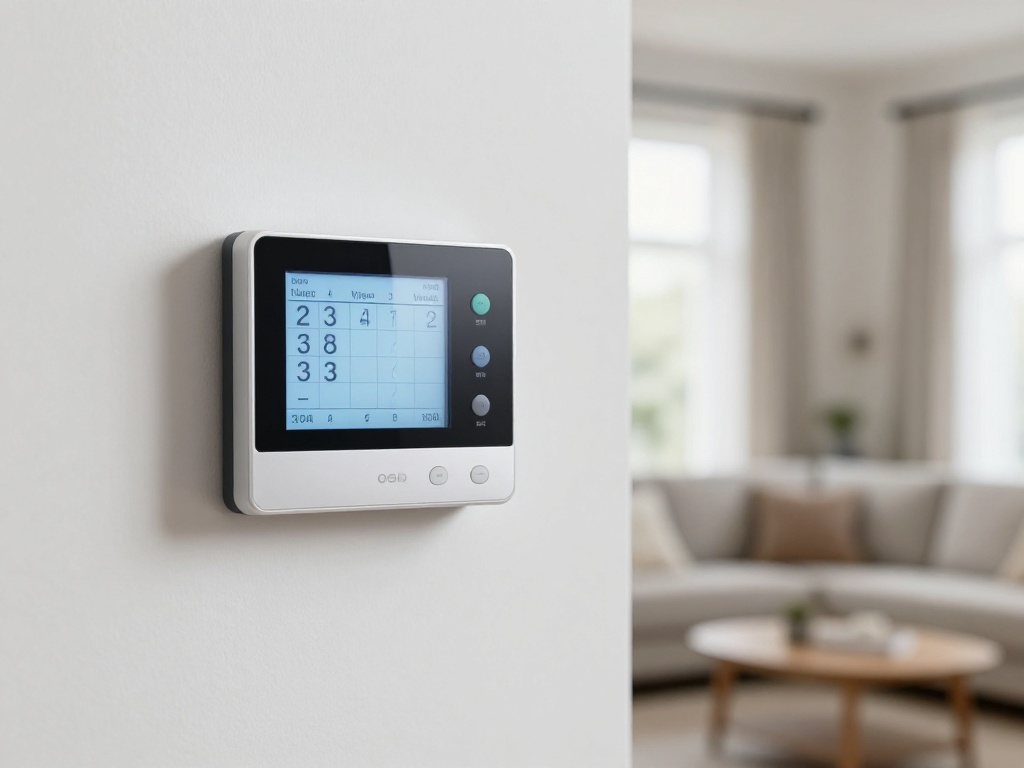 Modern wall-mounted digital thermostat on a white wall with a blurred living room in the background — thermostat setback energy savings guide