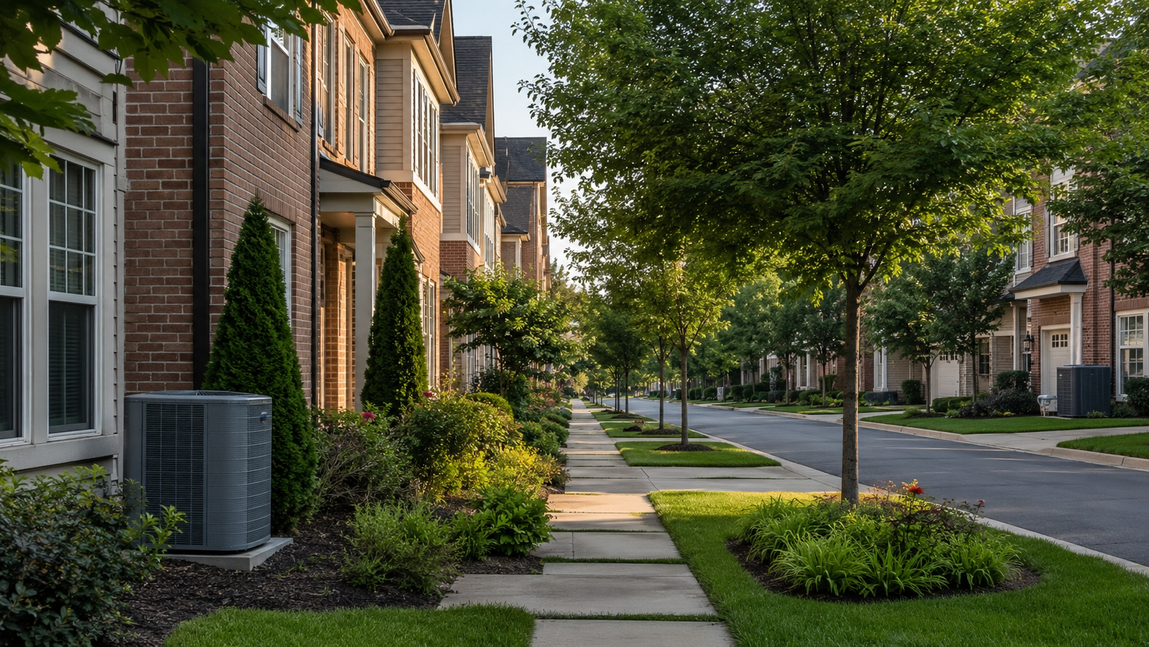 Northern Virginia townhome street with an HVAC condenser unit on a concrete pad in golden-hour light — AC running constantly troubleshooting guide