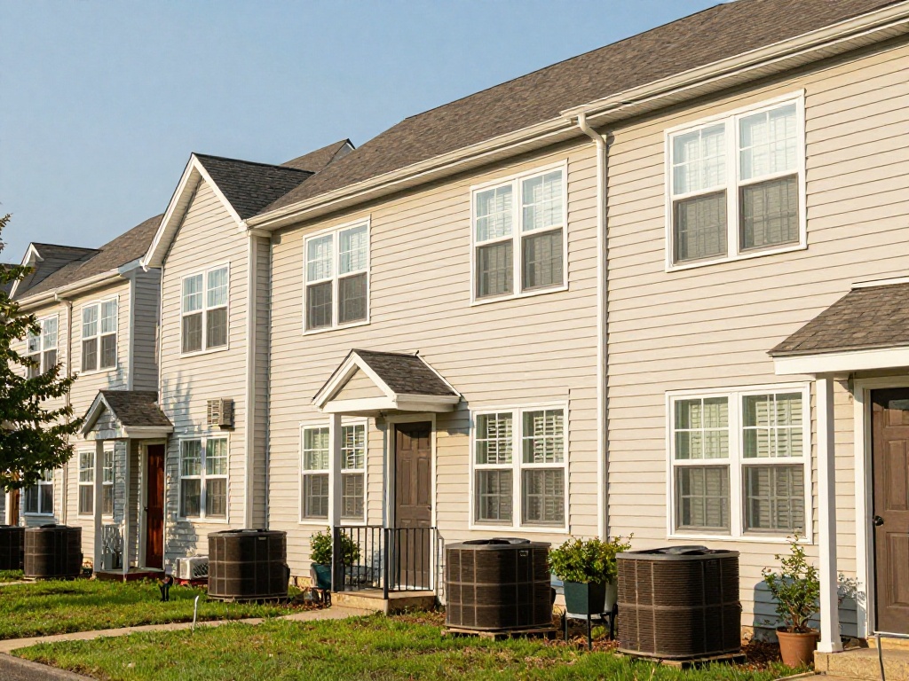 Row of modern two-story townhouses with beige siding and HVAC condenser units in Centreville, VA