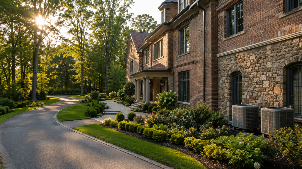 Two-story brick and fieldstone suburban home with two large grey HVAC condenser units in Northern Virginia