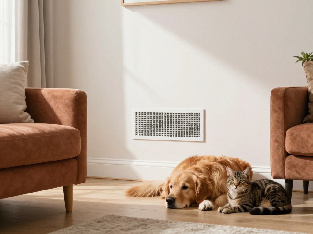 Golden Retriever and tabby cat resting together on a light wood floor in front of a white HVAC wall vent in a sunlit home