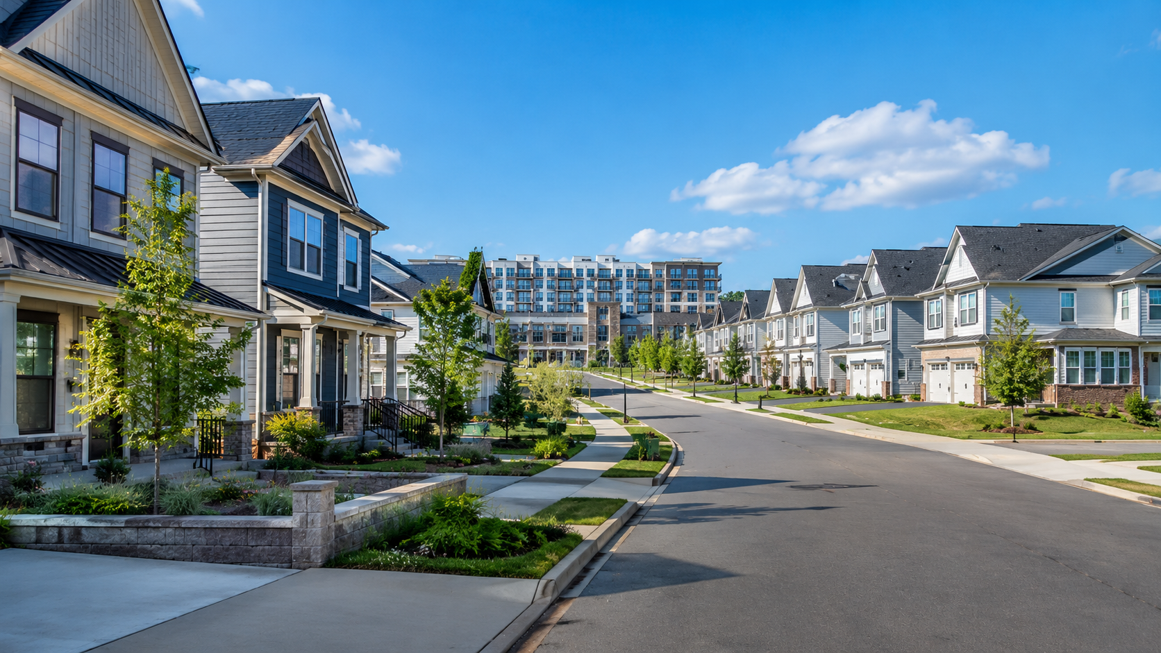 Modern suburban street in Brambleton, VA with rows of blue-gray townhomes, stone accents, and a condominium complex in the distance under a clear blue sky