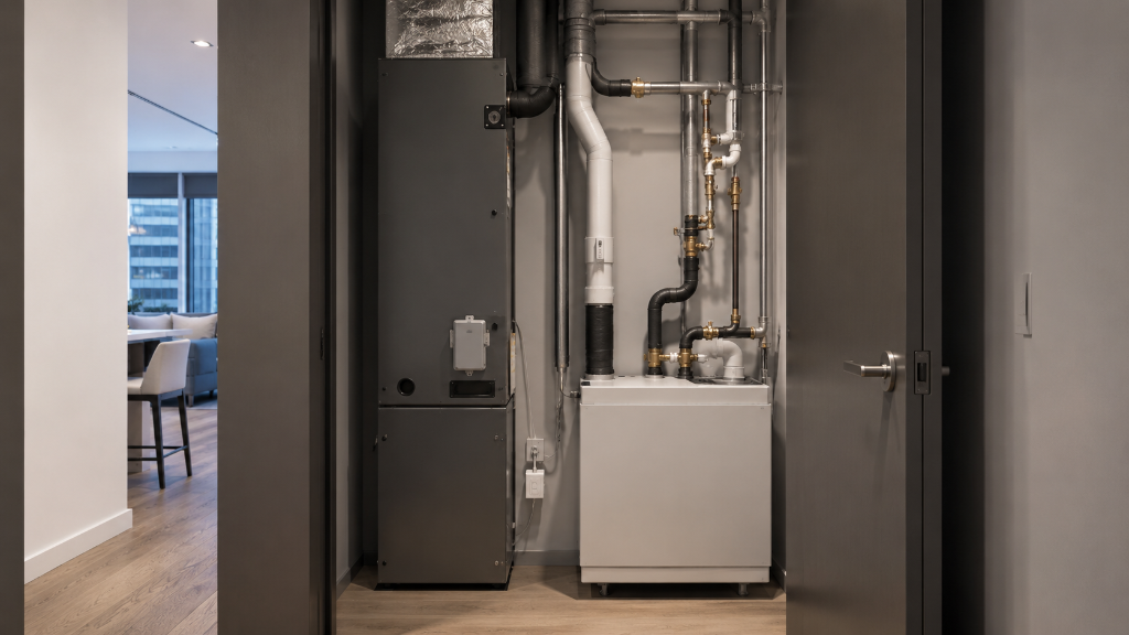 Indoor HVAC mechanical closet with an air handler and fan coil unit in a modern Merrifield condo