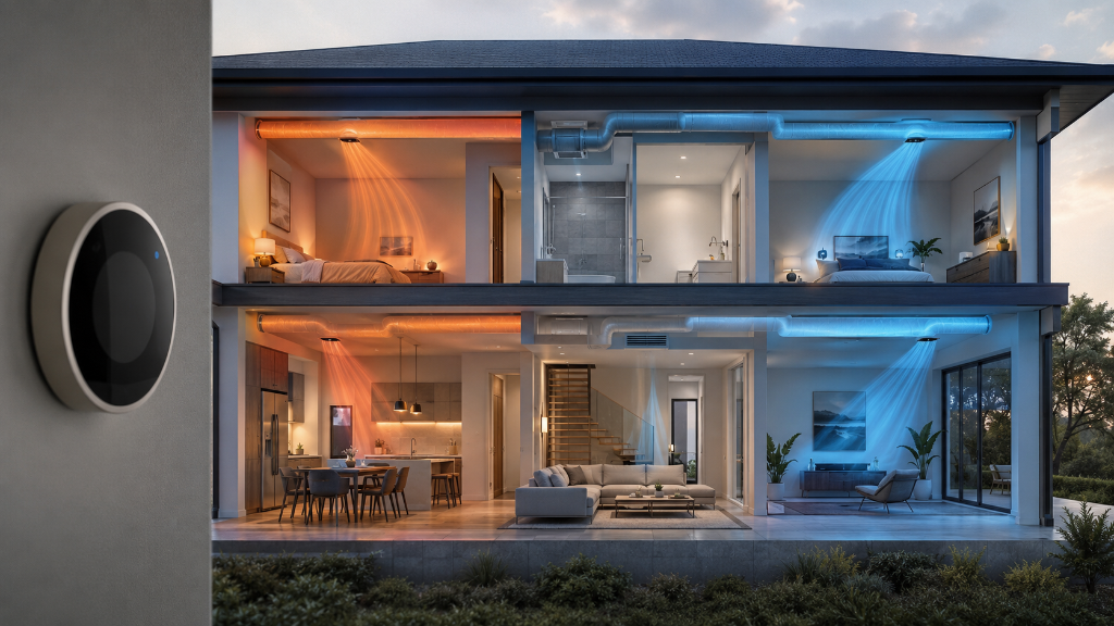 Cross-section of a two-story home showing HVAC zoning with warm orange airflow on the left and cool blue airflow on the right